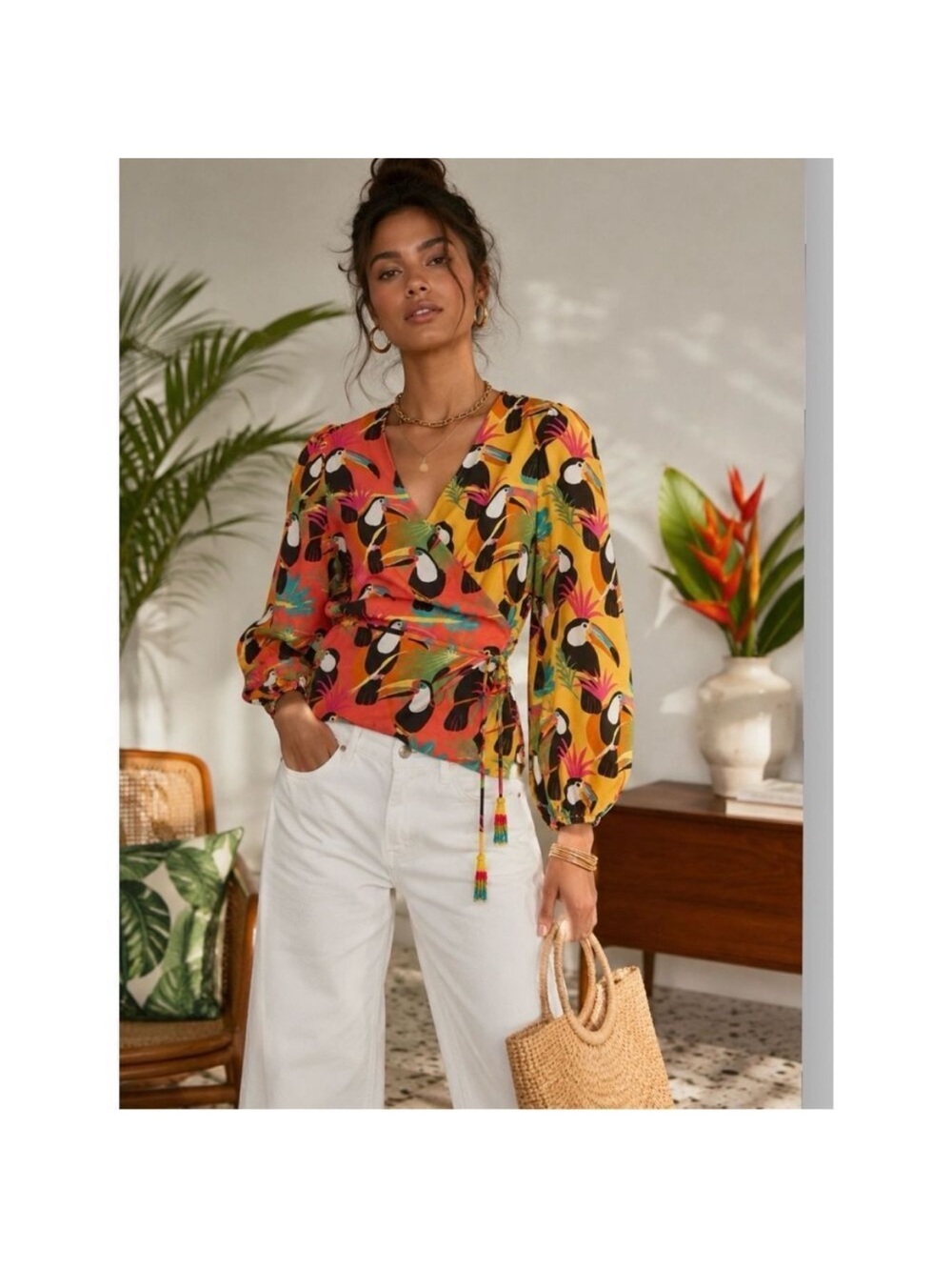 FARM Rio Yellow & Pink Tropical Toucan Wrap Blouse